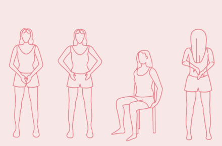 Obrazek przedstawia 4 schematyczne postaci kobiety, które pomagają w zlokalizowaniu kości miednicy: pierwsza trzyma ręce na spojeniu łonowym, druga na kosciach biodrowych, trzecia siedzi z dłońmi pod pośladkami dotykająć guzów kulszowych, a czwarta stoi tyłem dotykając kości krzyżowej