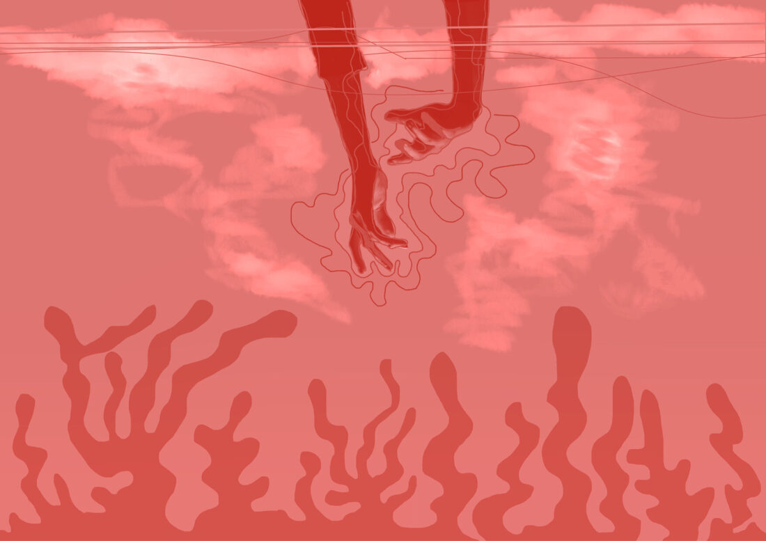 Ilustracja w monochromatycznych czerwonych odcieniach przedstawia dłonie zanurzające się w wodzie sięgające w stronę rosnących na dnie wodorostów