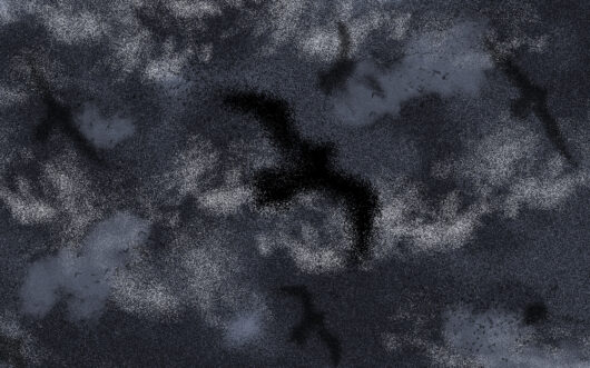 Ilustracja przedsrawia czarne zarysy ptakó na tle ciemnego, zachmurzonego nieba
