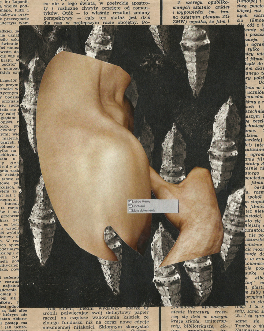 kolaż przedstawia fragment męskiego ramienia na tle kokonów gąsiennic z napisami przypominającymi foldery na komputerze "list do mamy, rachunki, moje dokumenty"